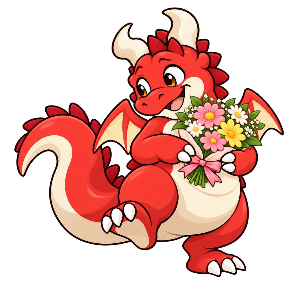 A flower-loving dragon holding a bouquet and reacting to a ghost sticker