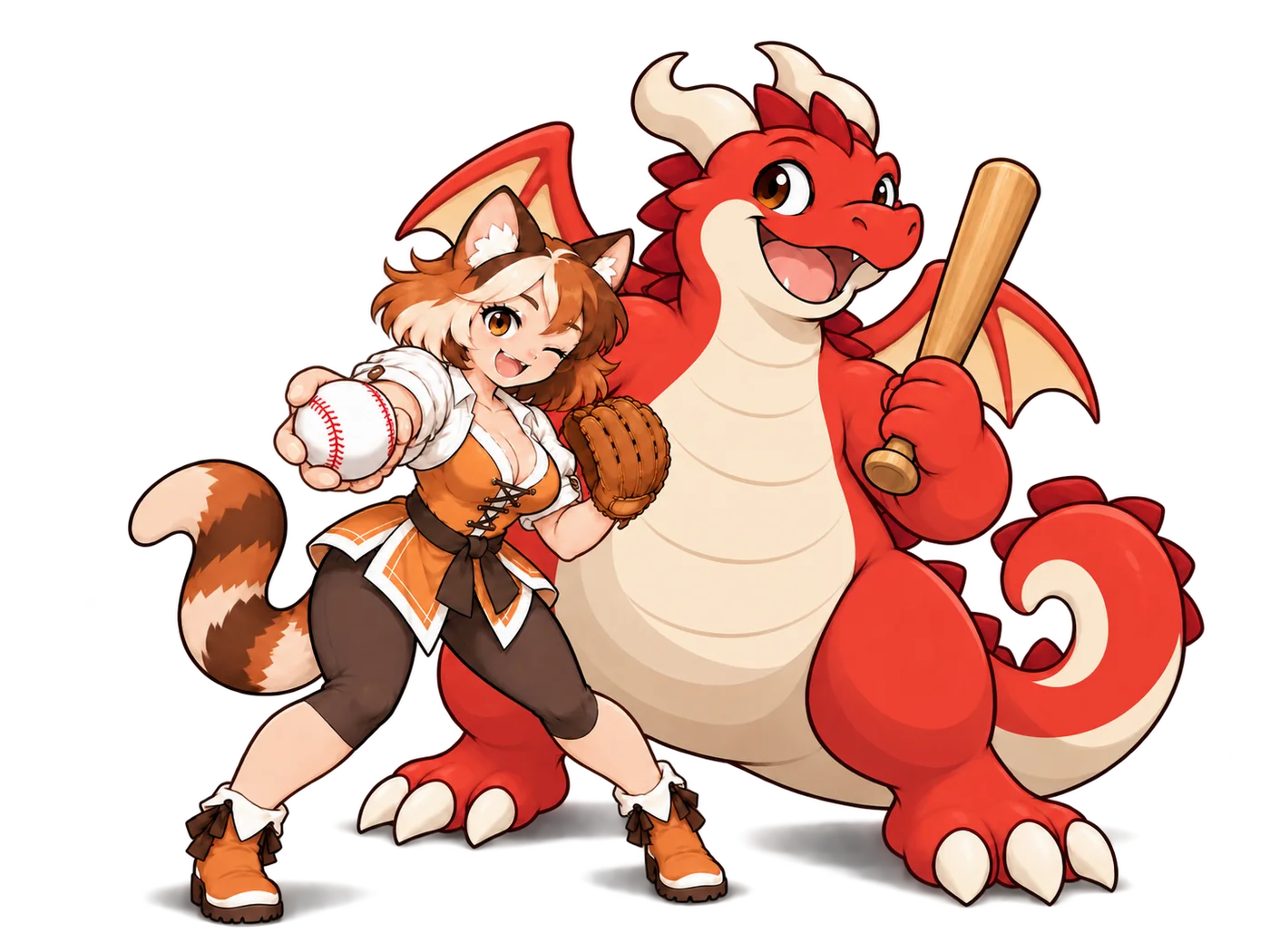 A calico cat offering a baseball and a smiling red dragon holding a bat
