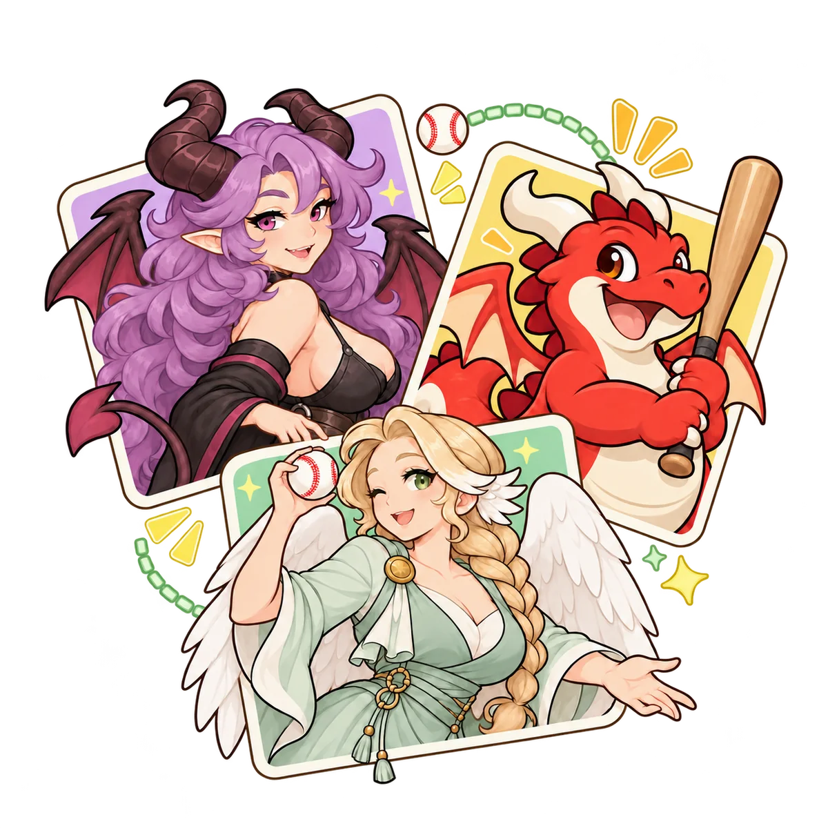 Illustrated cards of three companions: a demon player, a dragon with a bat, and a bird pitcher holding a ball