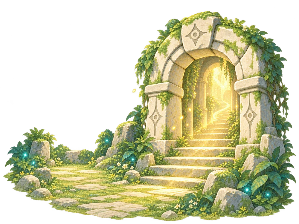 Ancient ruins filled with golden light, with stone steps leading inside